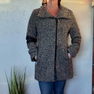 Calvin Klein Stylish Black and White Tweed Moto Coat with Zip Front & Pockets